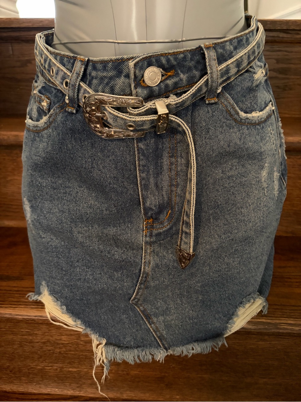 Signature8 Blue Distressed Denim Mini Skirt with Western Buckle Belt